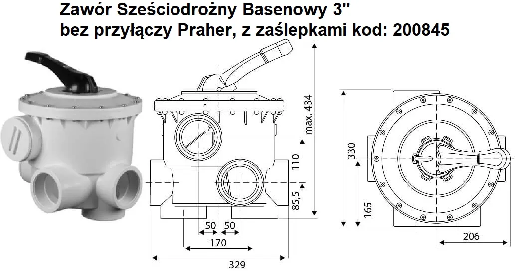 Zawór Sześciodrożny Basenowy 3" bez przyłączy Praher z zaślepkami 200845 wymiary
